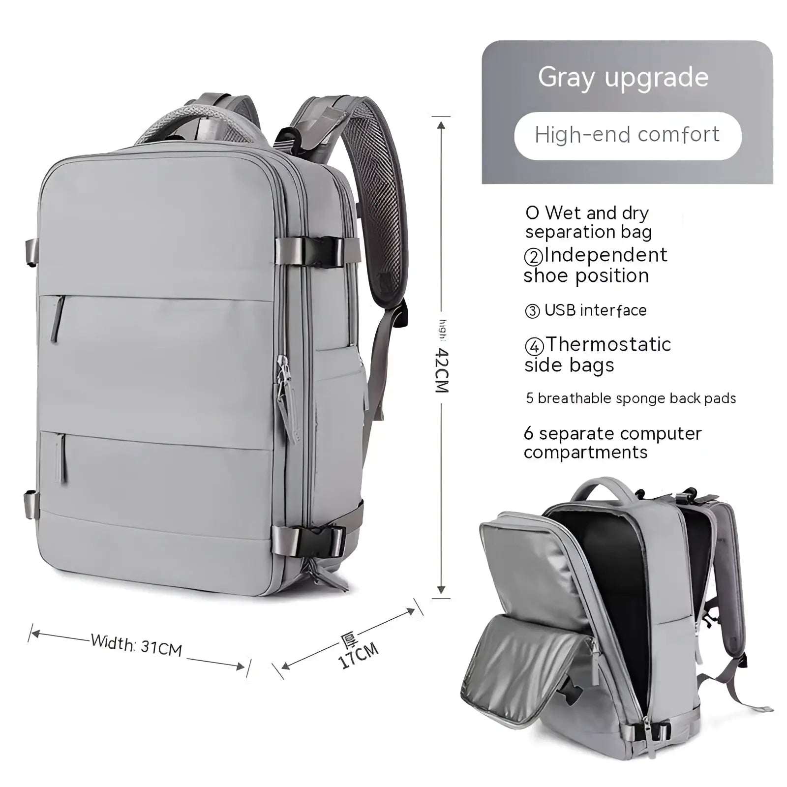 Gray waterproof laptop travel backpack with multiple compartments and adjustable straps shown from the back side
