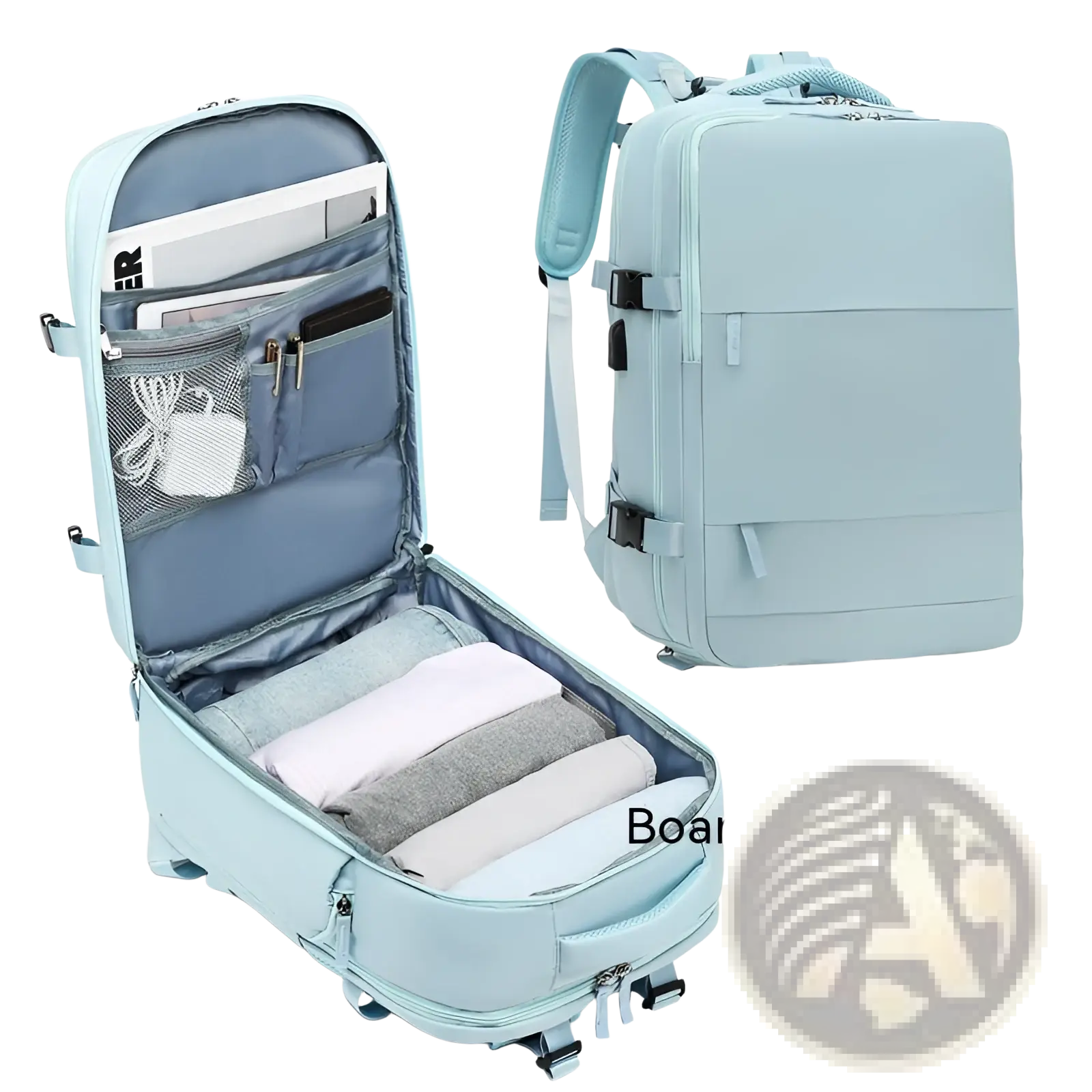 Light blue waterproof laptop travel backpack with mesh and zippered compartments and padded shoulder straps