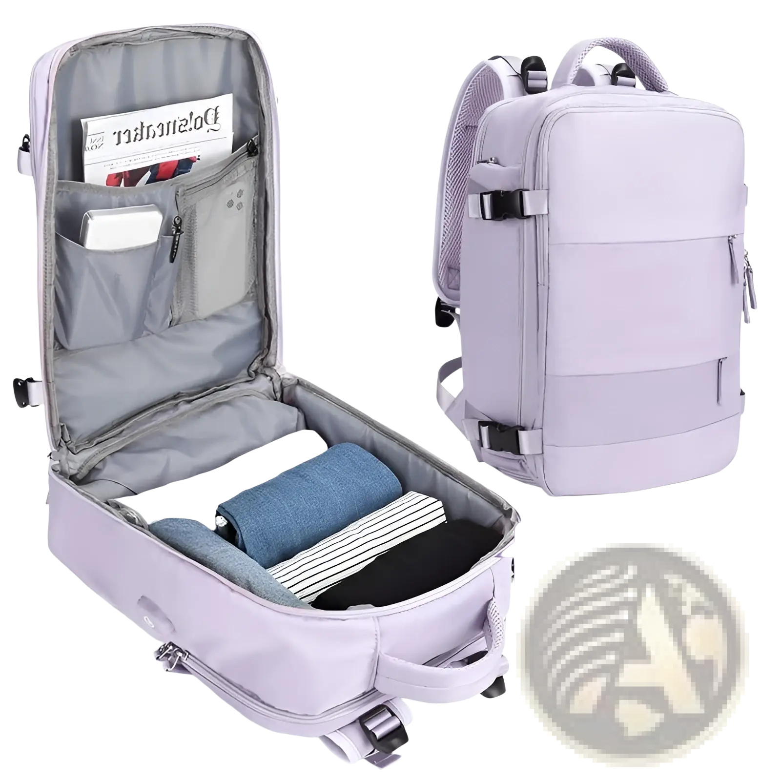 Light purple waterproof laptop travel backpack with multiple compartments and adjustable straps for easy storage