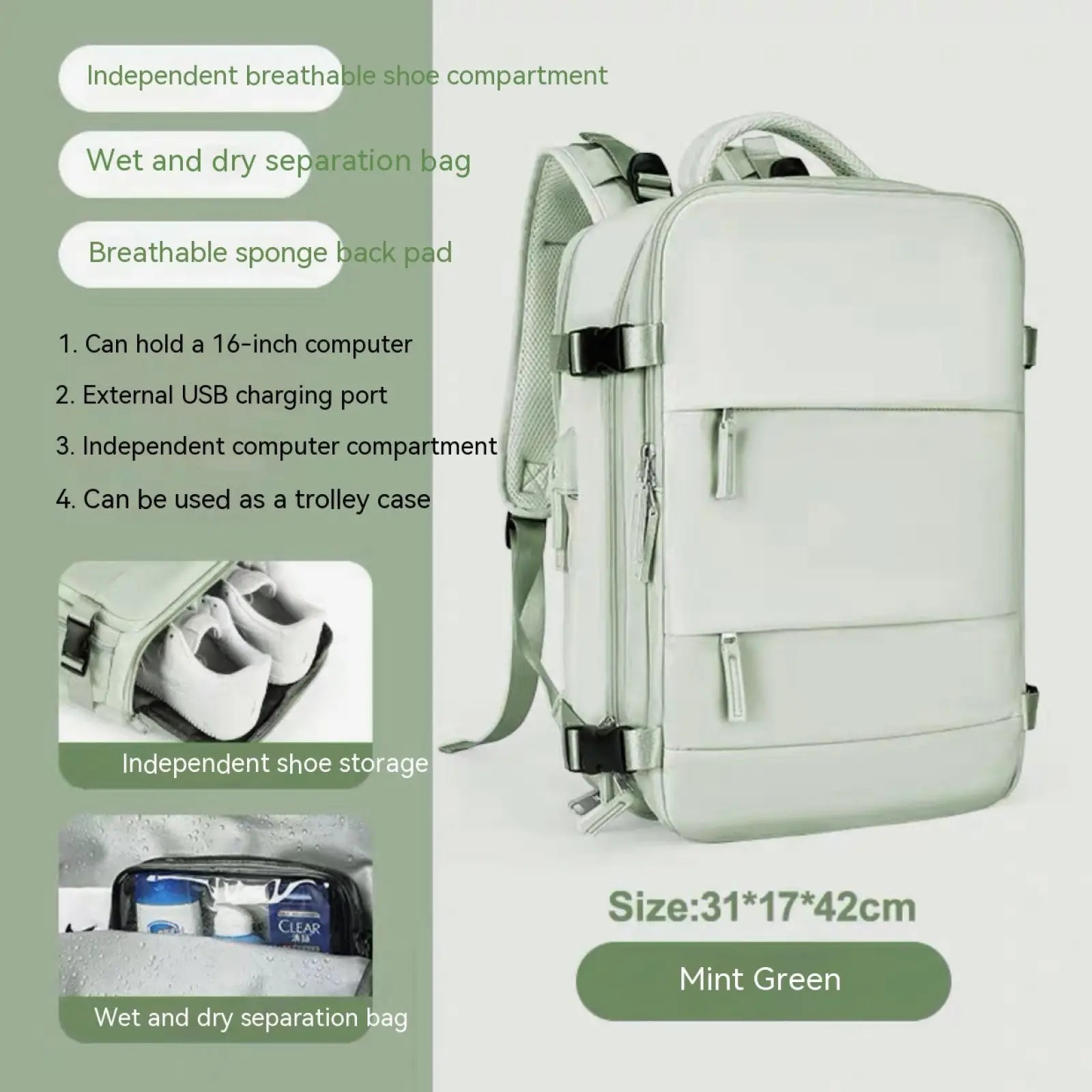 Mint green waterproof laptop travel backpack with adjustable straps and multiple compartments for organization