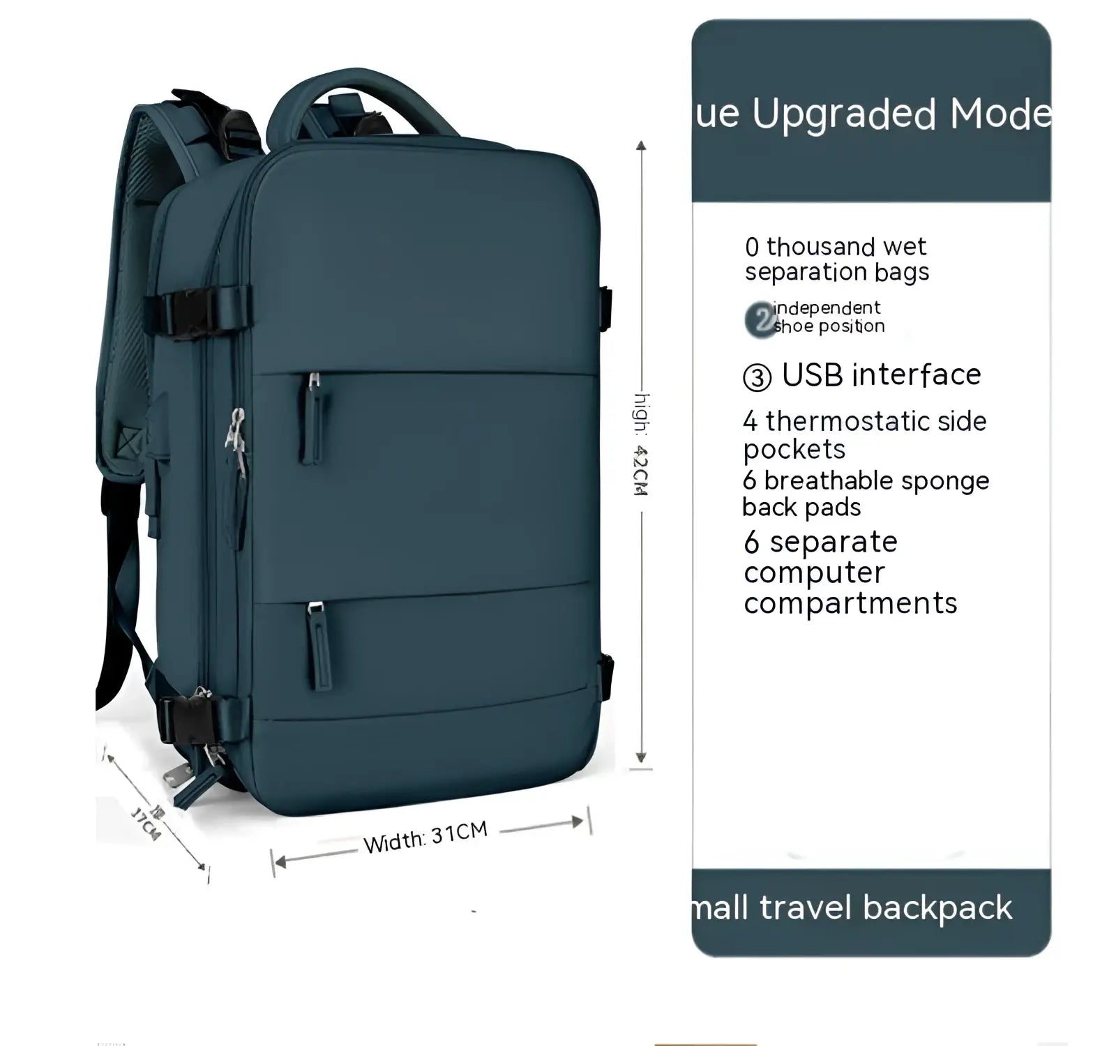 Dark teal waterproof fabric laptop travel backpack with black zippers and adjustable straps shown from the back side