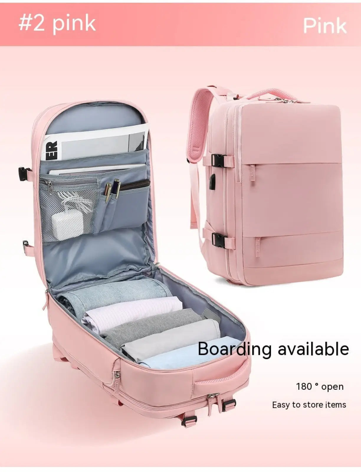 Pink waterproof laptop travel backpack with gray interior and multiple compartments for organized storage