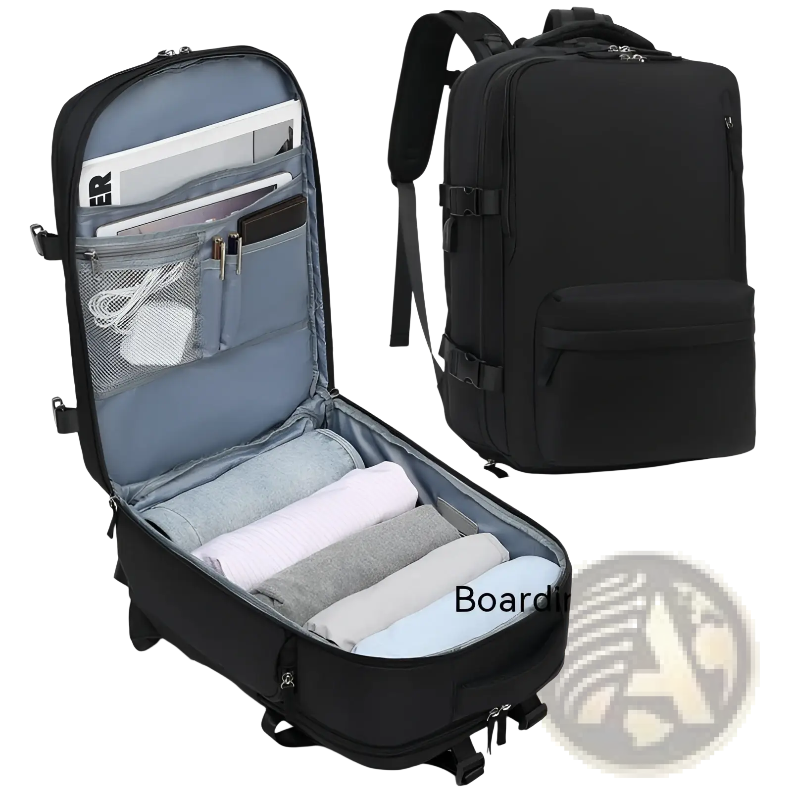 Black waterproof laptop travel backpack with mesh and zippered compartments for organized storage