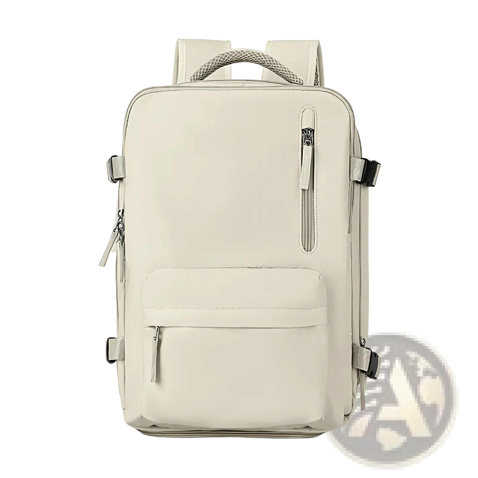 Beige nylon waterproof laptop travel backpack with mesh shoulder straps and multiple zippered compartments