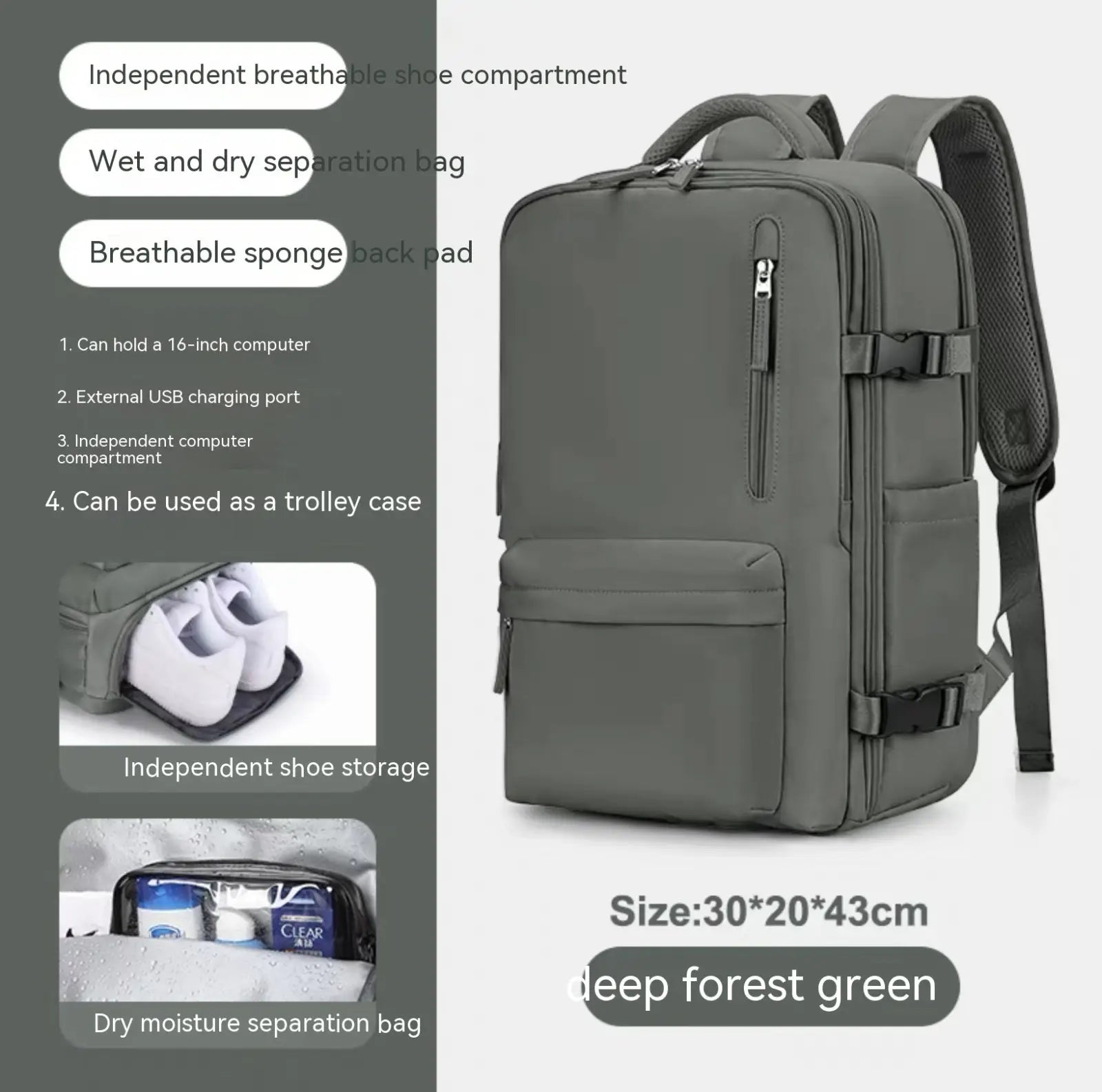 Deep forest green waterproof laptop travel backpack with mesh side pockets and adjustable shoulder straps shown from the back side