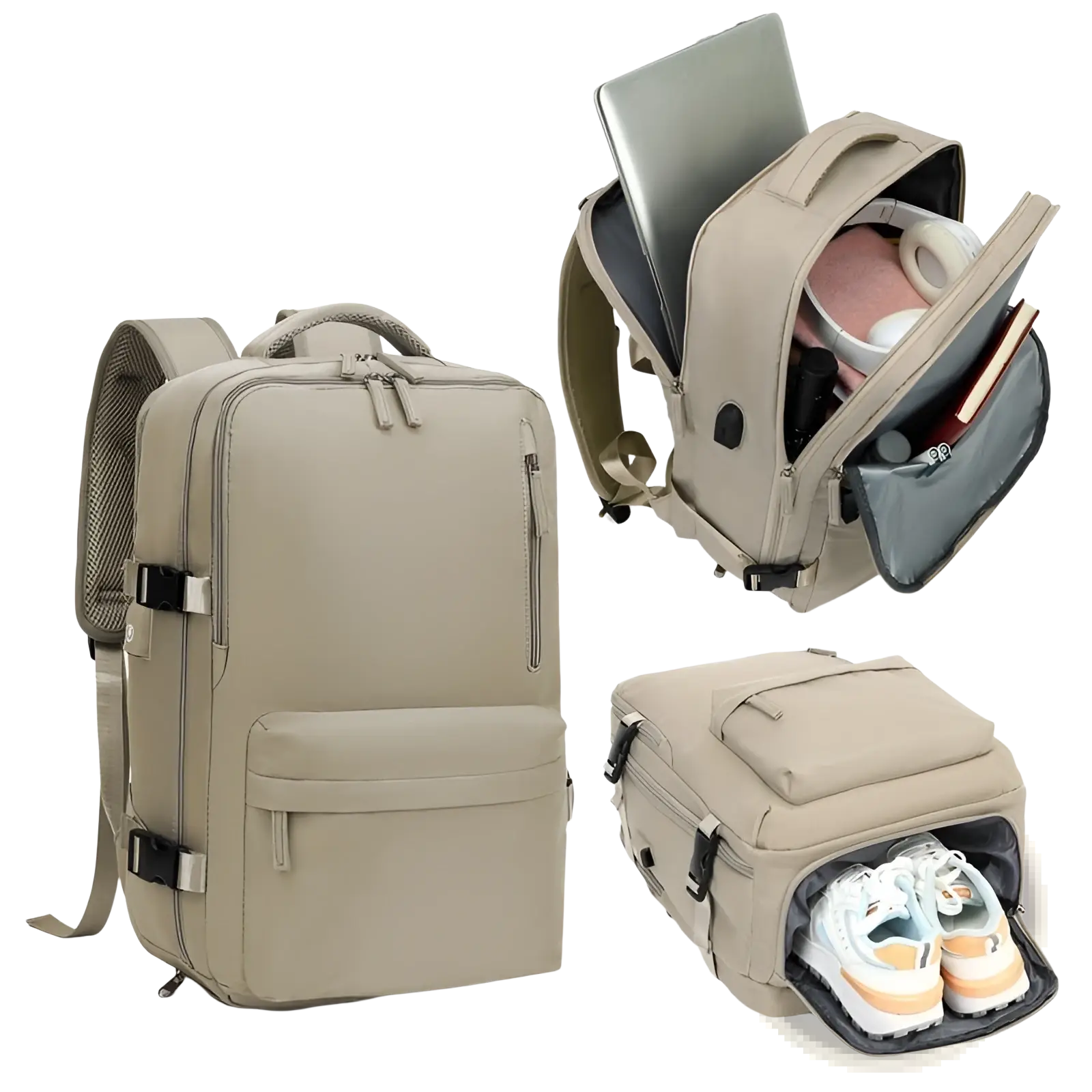 Light apricot waterproof laptop travel backpack with multiple compartments and adjustable straps for organized carrying