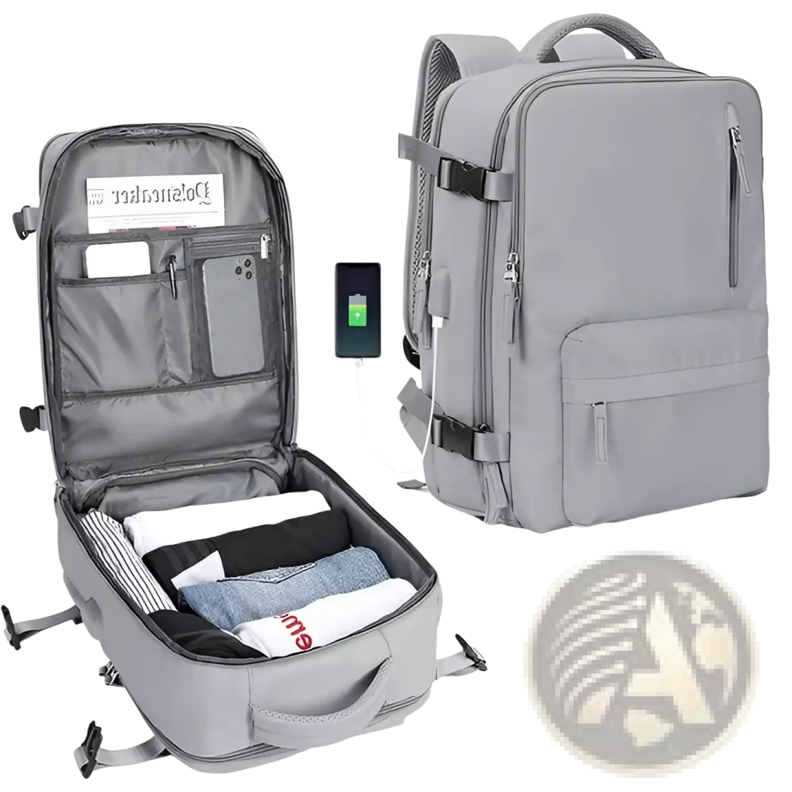 Waterproof gray nylon laptop travel backpack with multiple compartments adjustable straps and built-in usb charging port