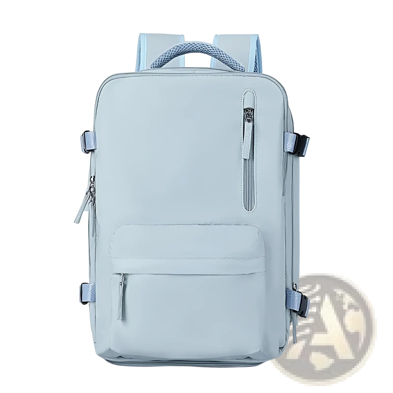 Light blue nylon waterproof laptop travel backpack with mesh shoulder straps and multiple zippered compartments