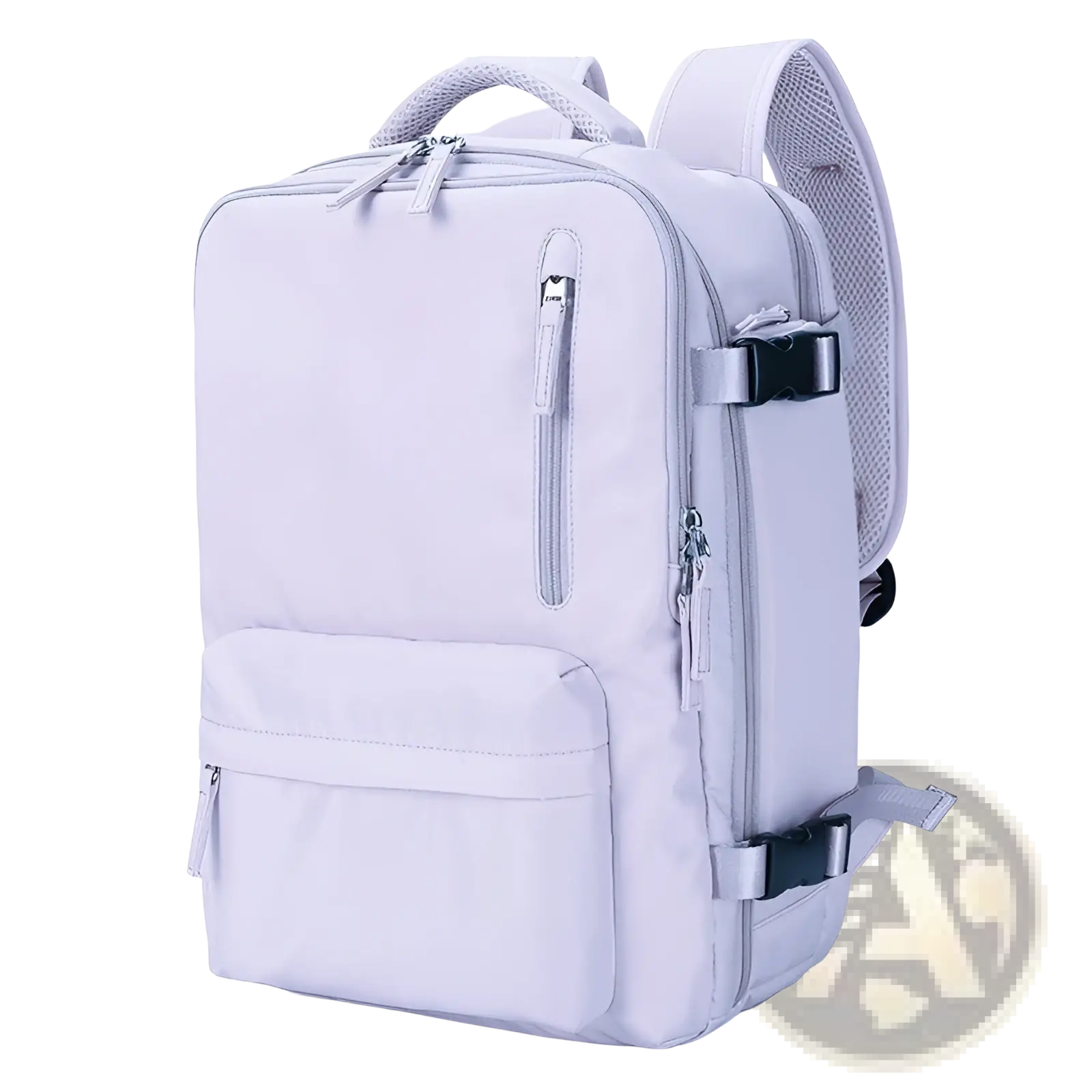 Light gray waterproof nylon laptop travel backpack with multiple zippered compartments and mesh side panels