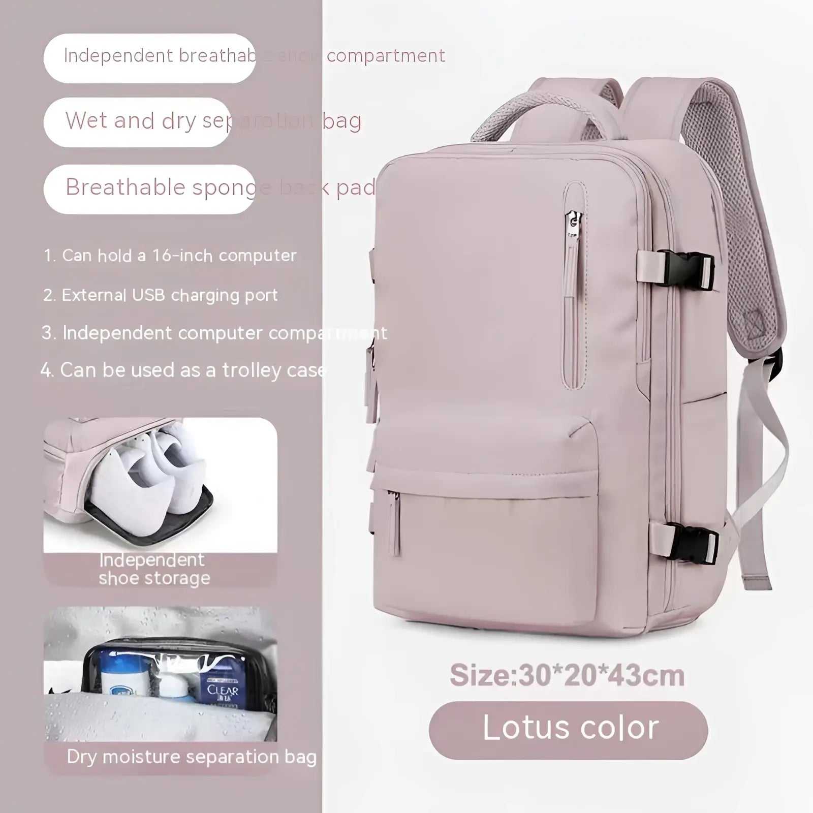Light pink waterproof laptop travel backpack with compartments featuring black zipper pulls and adjustable straps