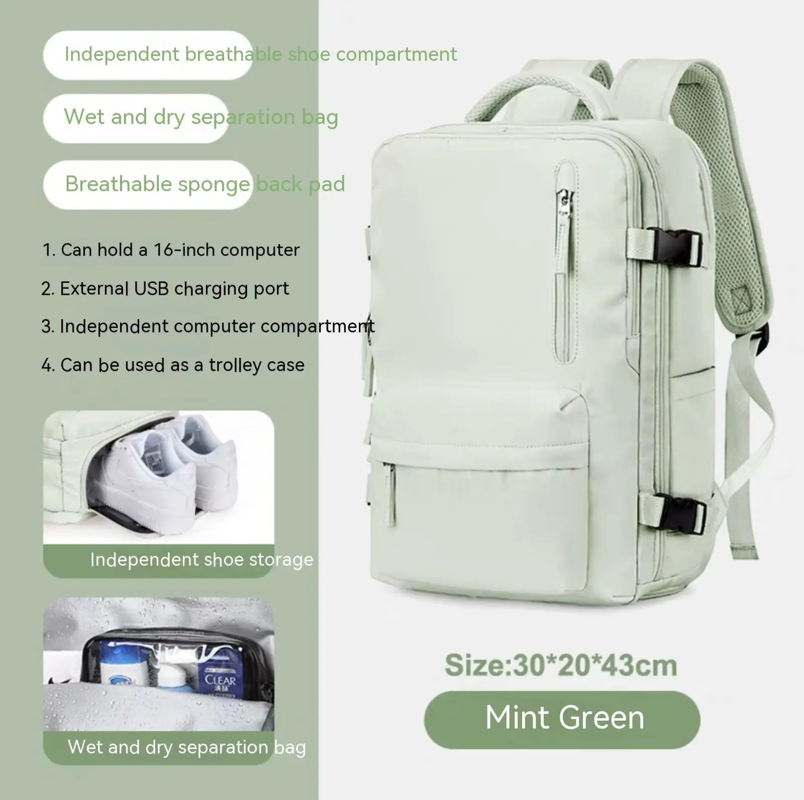 Mint green waterproof laptop travel backpack with mesh side pockets and adjustable shoulder straps shown from the back side