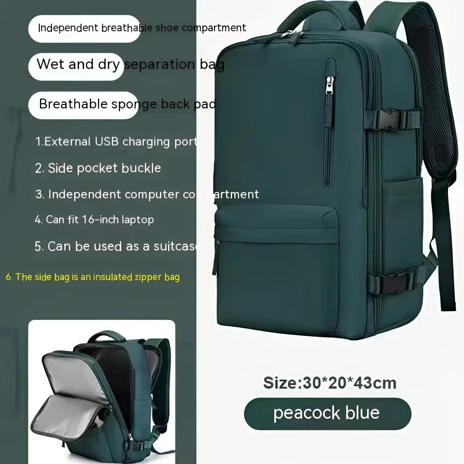 Peacock blue waterproof laptop travel backpack with multiple compartments and side insulated zipper bag