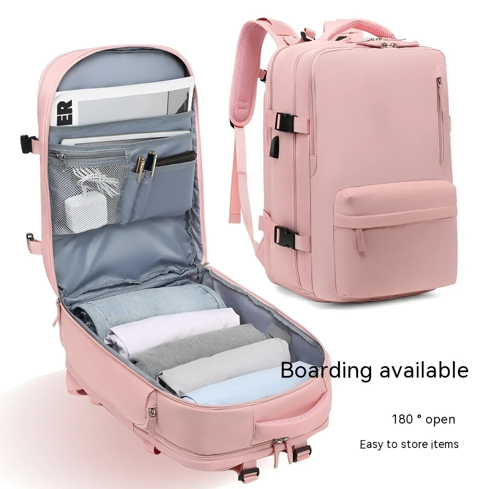 Waterproof pink laptop travel backpack with multiple compartments and adjustable straps shown from the back side