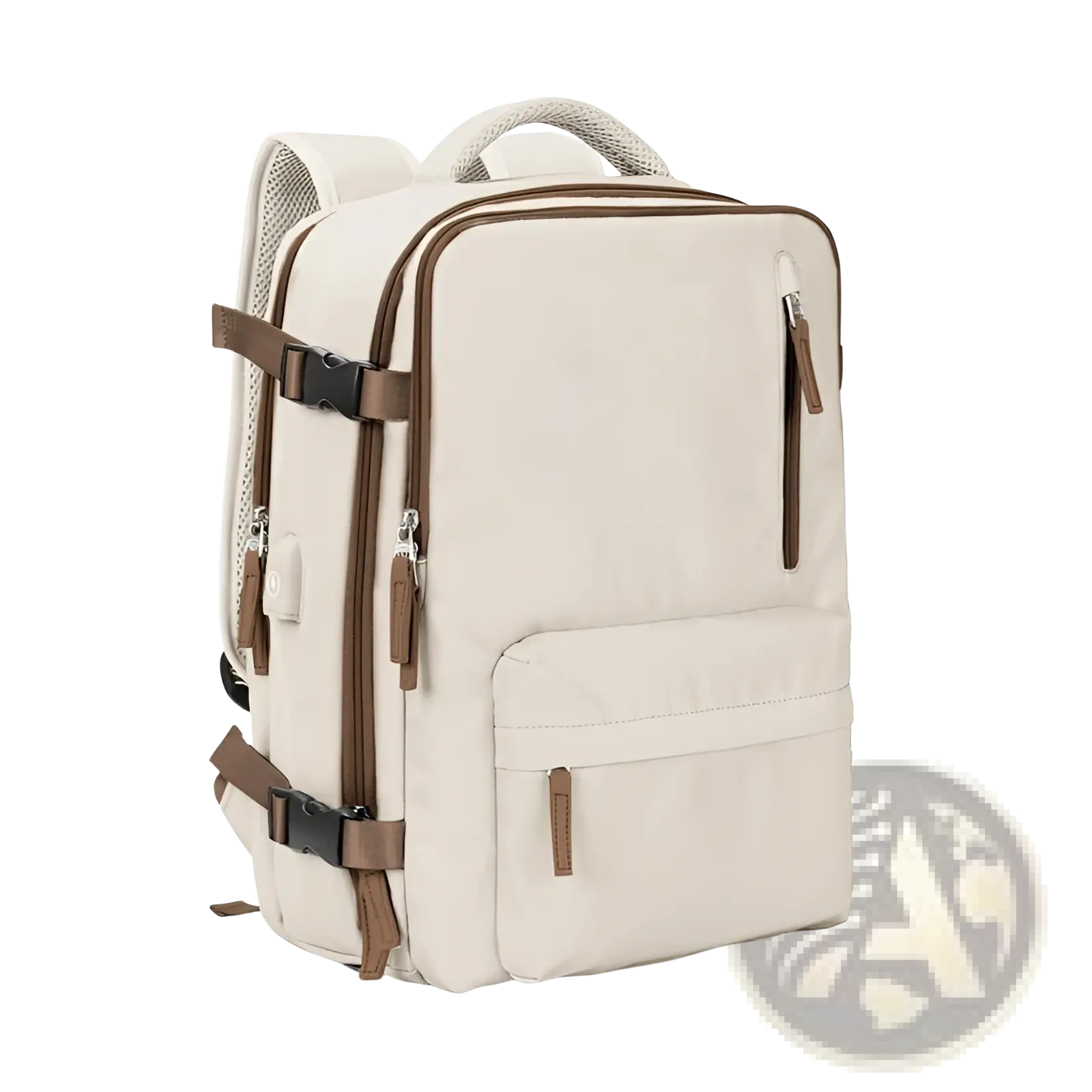 Beige and brown waterproof laptop travel backpack with adjustable straps mesh side pockets and front zippered compartment