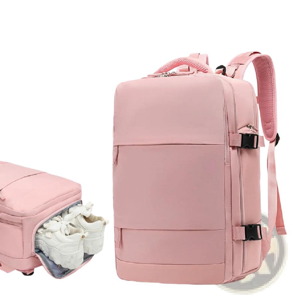 Pink nylon waterproof laptop travel backpack with mesh shoulder straps and black buckle closures shown from back side