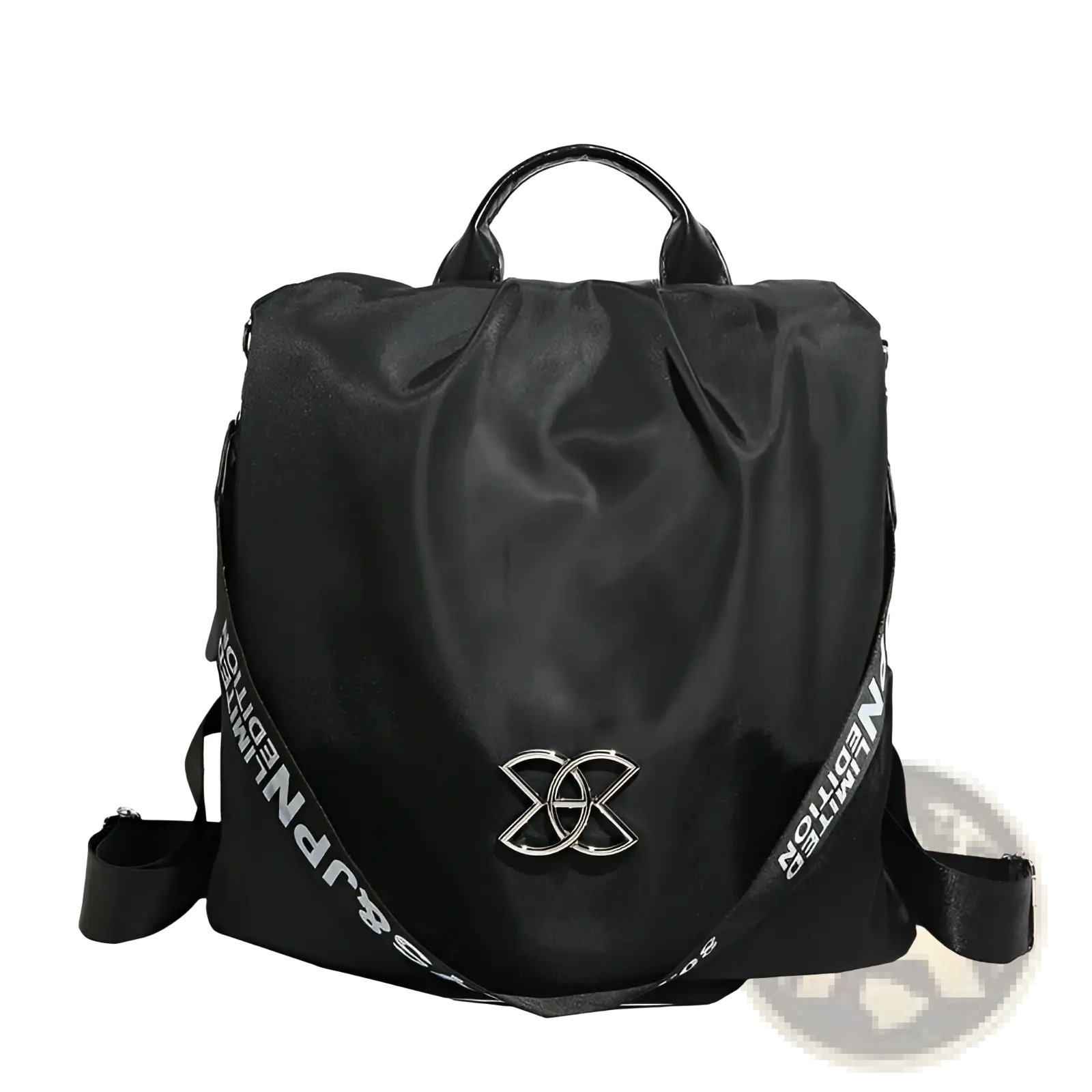 Black nylon waterproof large capacity travel backpack with pu leather trim silver logo and white text straps