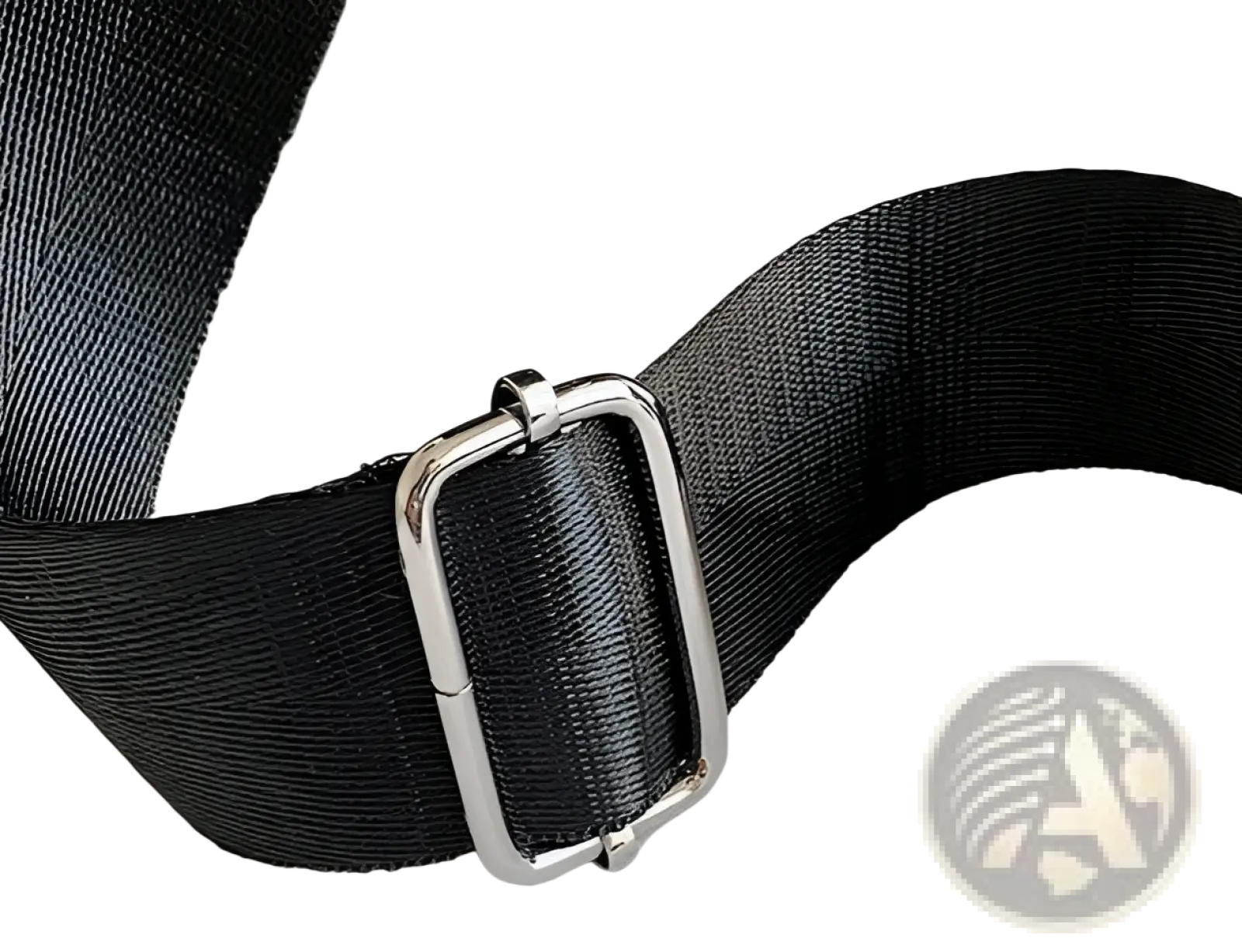 Black woven strap with silver toned rectangular buckle on waterproof large capacity nylon travel backpack with pu leather trim