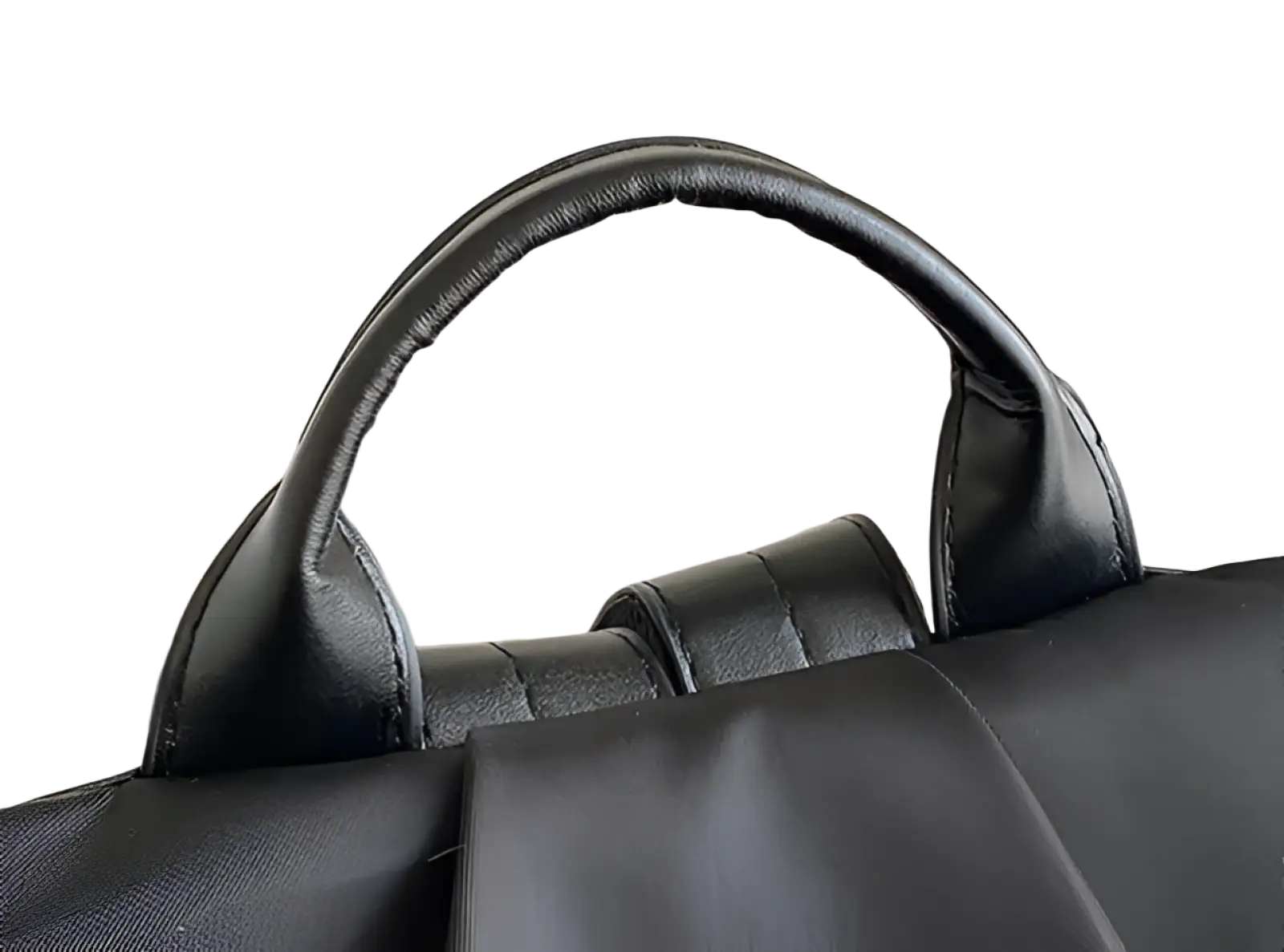 Black leather handle with stitched edges and padded grip on a waterproof large capacity nylon travel backpack with pu leather trim