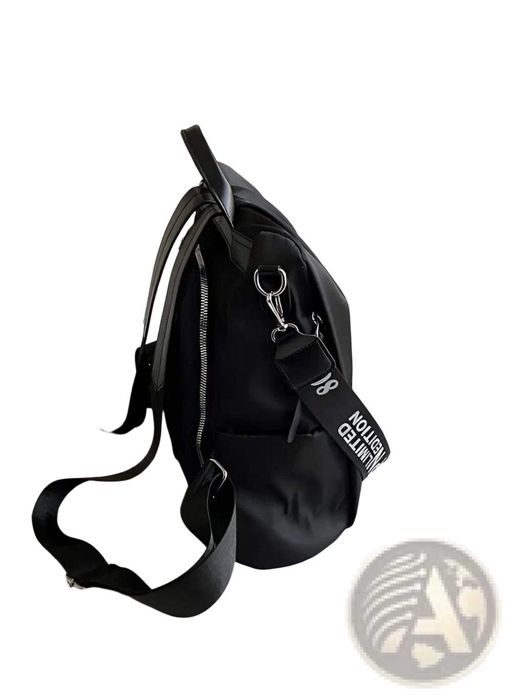 Black waterproof large capacity nylon travel backpack with pu leather trim adjustable straps and detachable crossbody strap