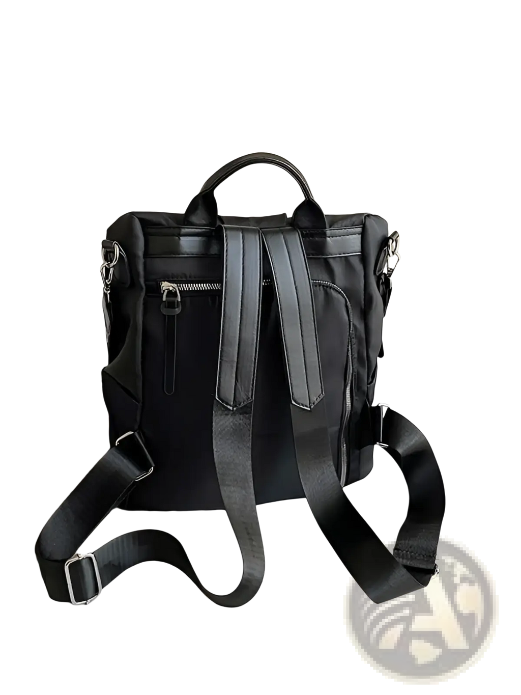 Black waterproof large capacity nylon travel backpack with pu leather trim adjustable straps and multiple zippers back view