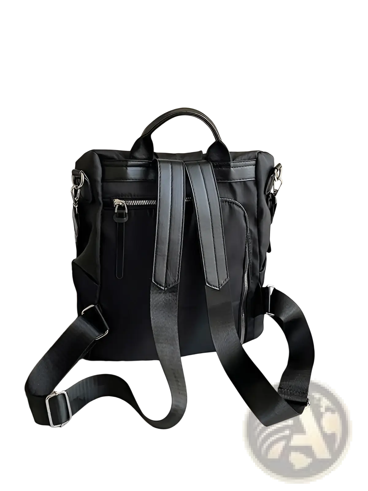 Black waterproof large capacity nylon travel backpack with pu leather trim adjustable straps and multiple zippers back view