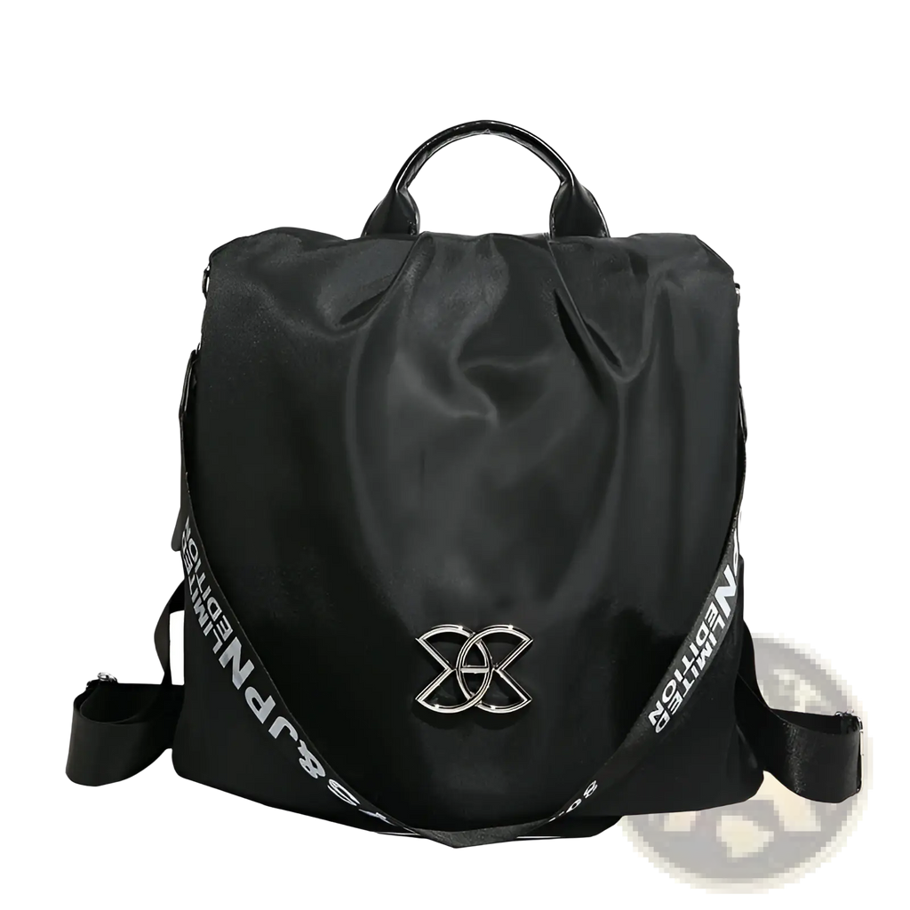 Black nylon waterproof large capacity travel backpack with pu leather trim silver metallic logo and white text straps