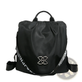 Black nylon waterproof large capacity travel backpack with pu leather trim silver metallic logo and white text straps