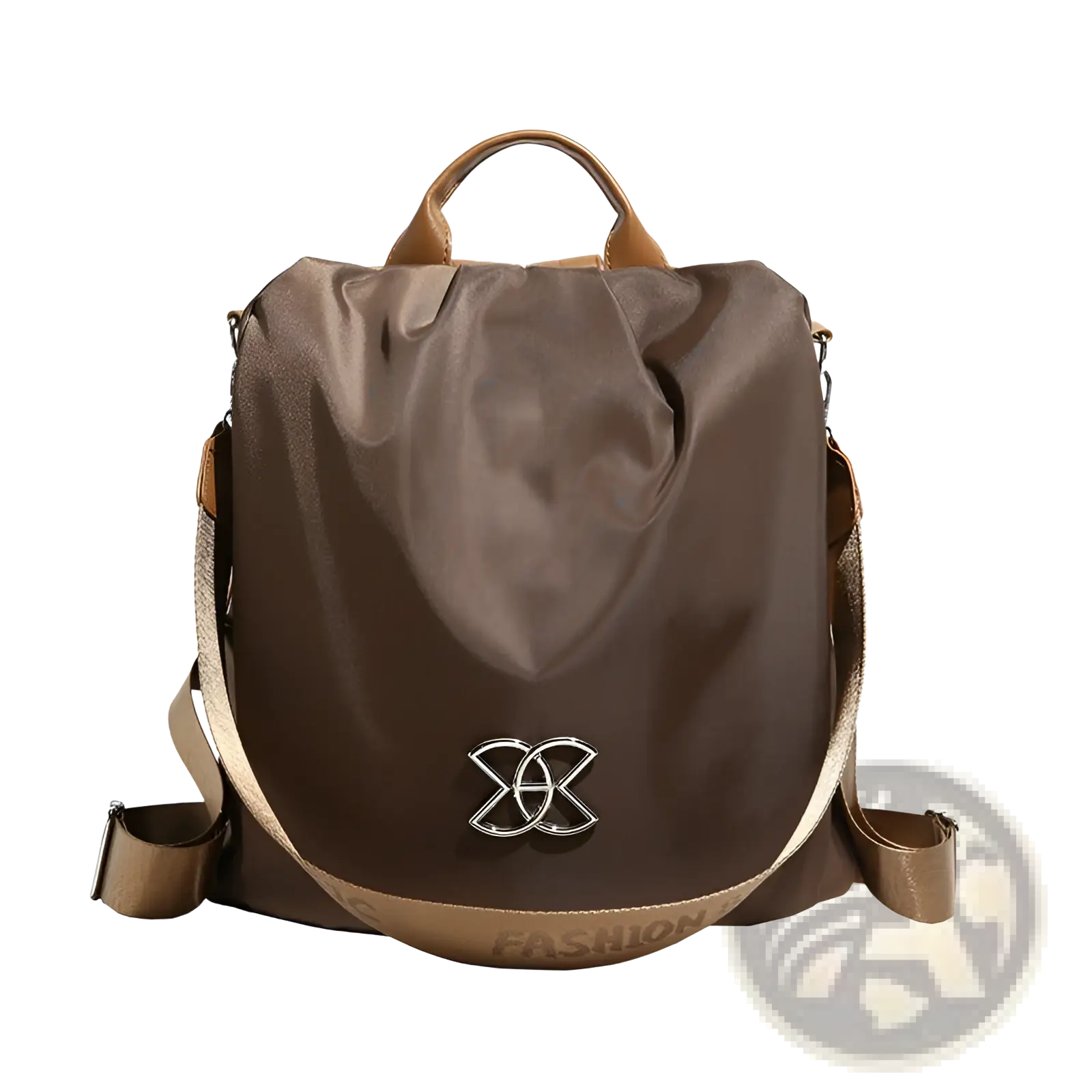 Brown nylon waterproof large capacity travel backpack with tan pu leather trim and silver metallic logo emblem on front