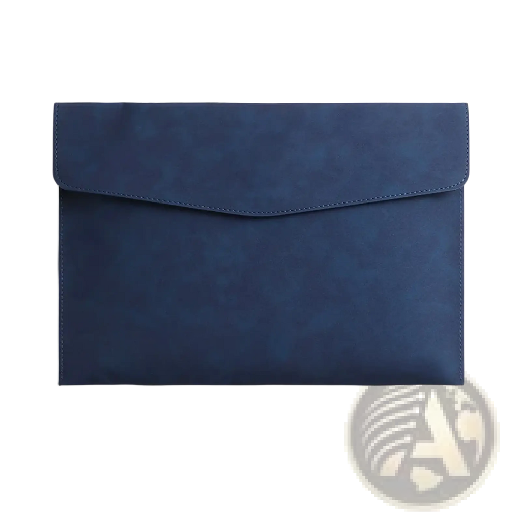 A sleek navy blue waterproof leather a4 envelope-style laptop sleeve with textured finish and stitched flap closure