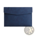 A sleek navy blue waterproof leather a4 envelope-style laptop sleeve with textured finish and stitched flap closure