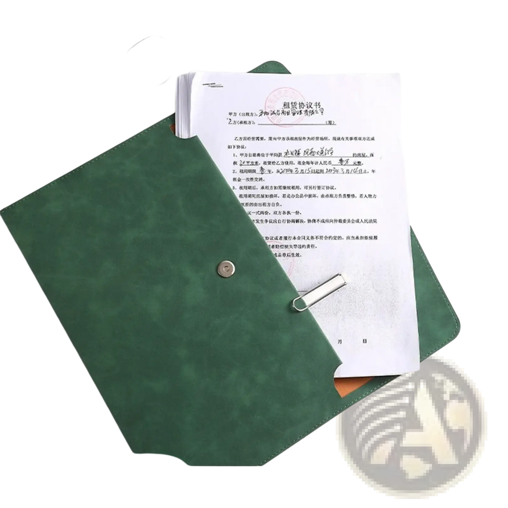 Dark green faux leather waterproof document bag with silver-toned snap button closure for A4 and A5 organizers