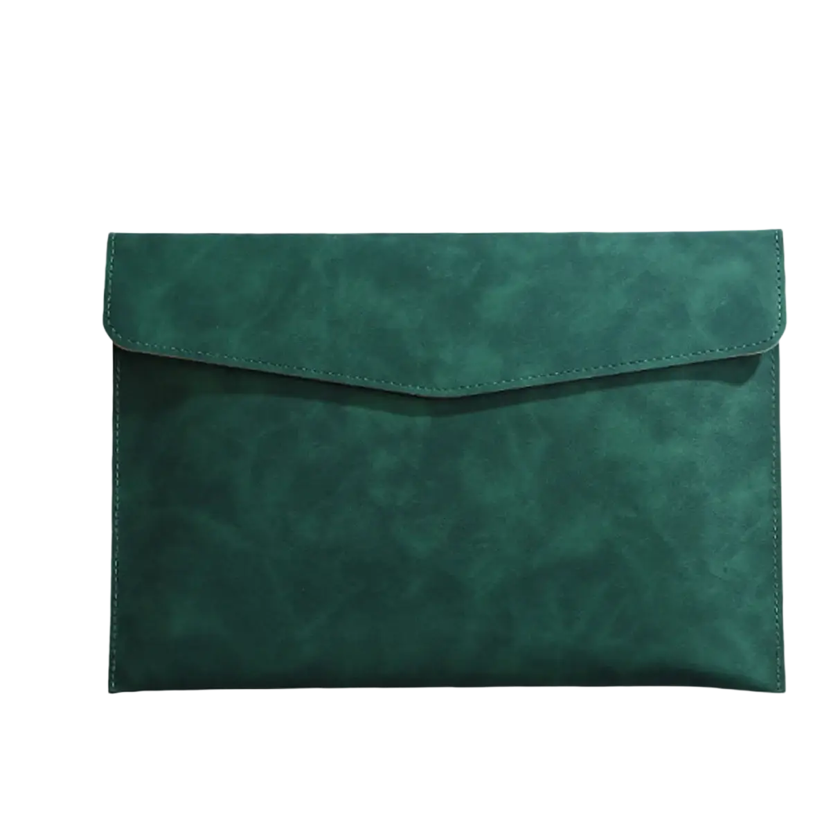 Dark green faux leather a5 laptop sleeve with flap closure and stitched edges for waterproof leather document bag organizer