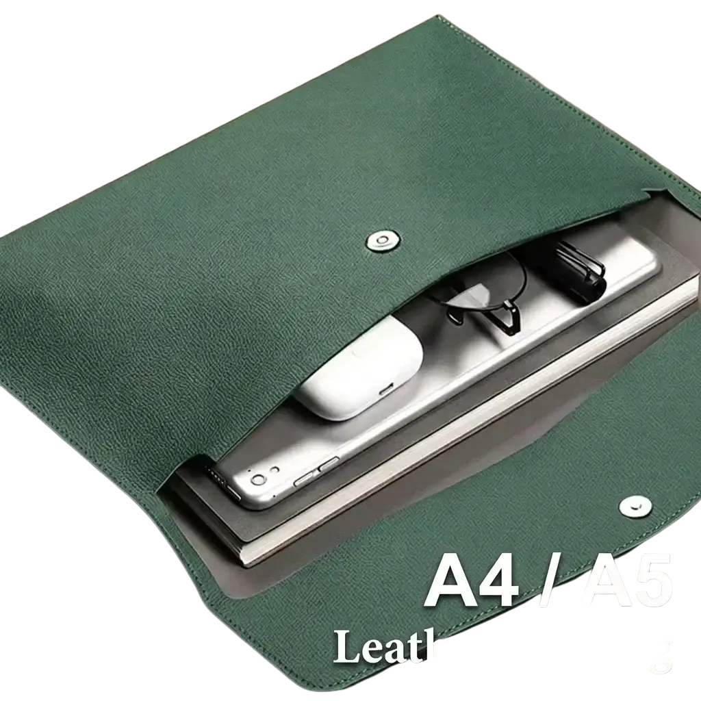 Deep green waterproof leather document bag with textured surface and silver-toned snap buttons for A4 A5 organizer
