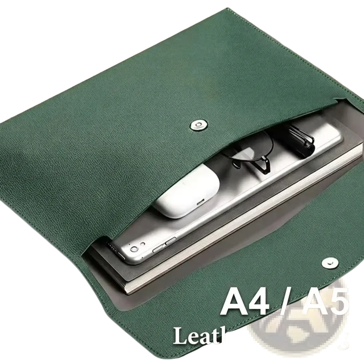 Deep green waterproof leather document bag with textured surface and silver-toned snap buttons for A4 A5 organizer