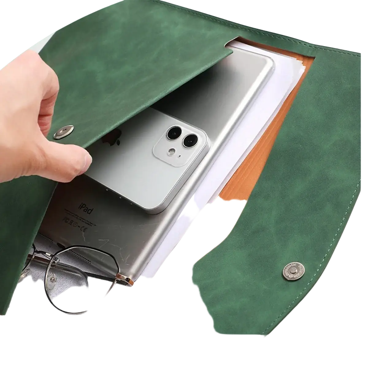 Green faux leather waterproof document bag with silver snap buttons designed as an a4 a5 organizer sleeve