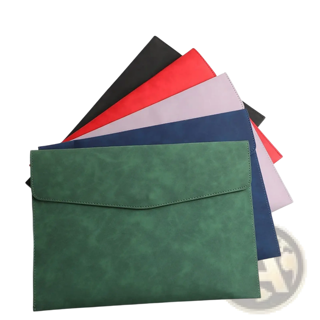 Green faux leather waterproof envelope-style laptop sleeve with flap closure and stitched edges for document organization
