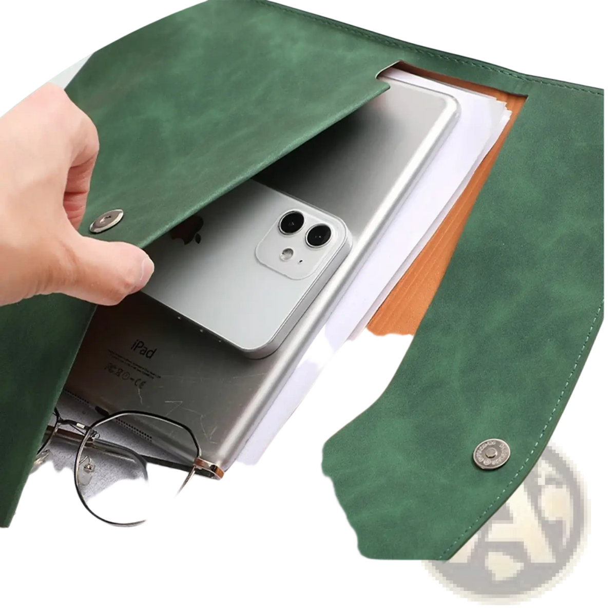 Green faux leather waterproof document bag with silver snap buttons designed as an a4 a5 organizer sleeve