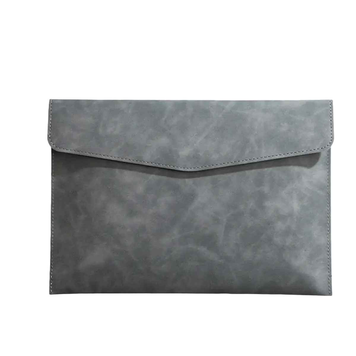 Grey a5 laptop sleeve with textured faux-leather finish and stitched flap closure for waterproof document organization