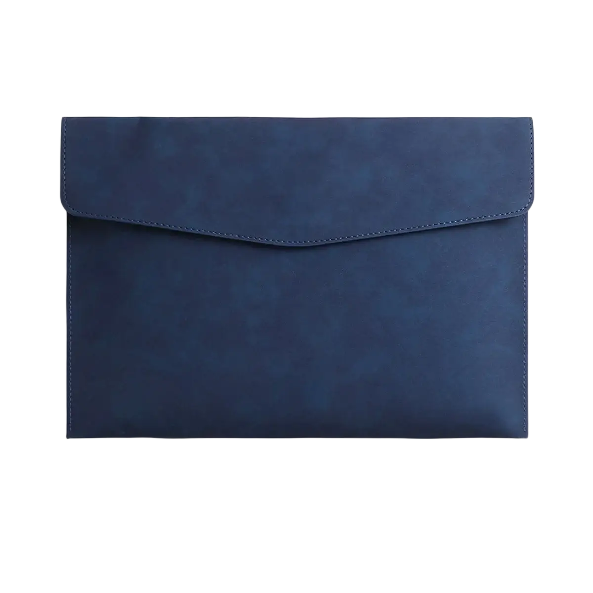 A sleek navy blue waterproof leather a4 envelope-style laptop sleeve with textured finish and stitched flap closure
