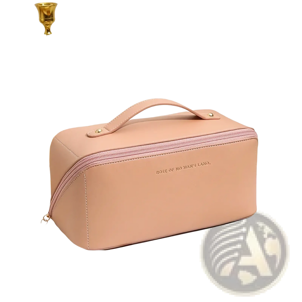 A blush pink waterproof leather travel makeup bag with gold hardware and embossed rose of no mans land text