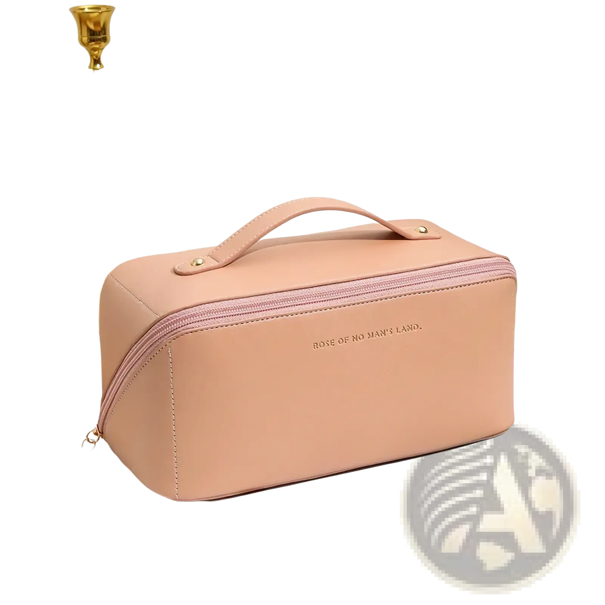 A blush pink waterproof leather travel makeup bag with gold hardware and embossed rose of no mans land text