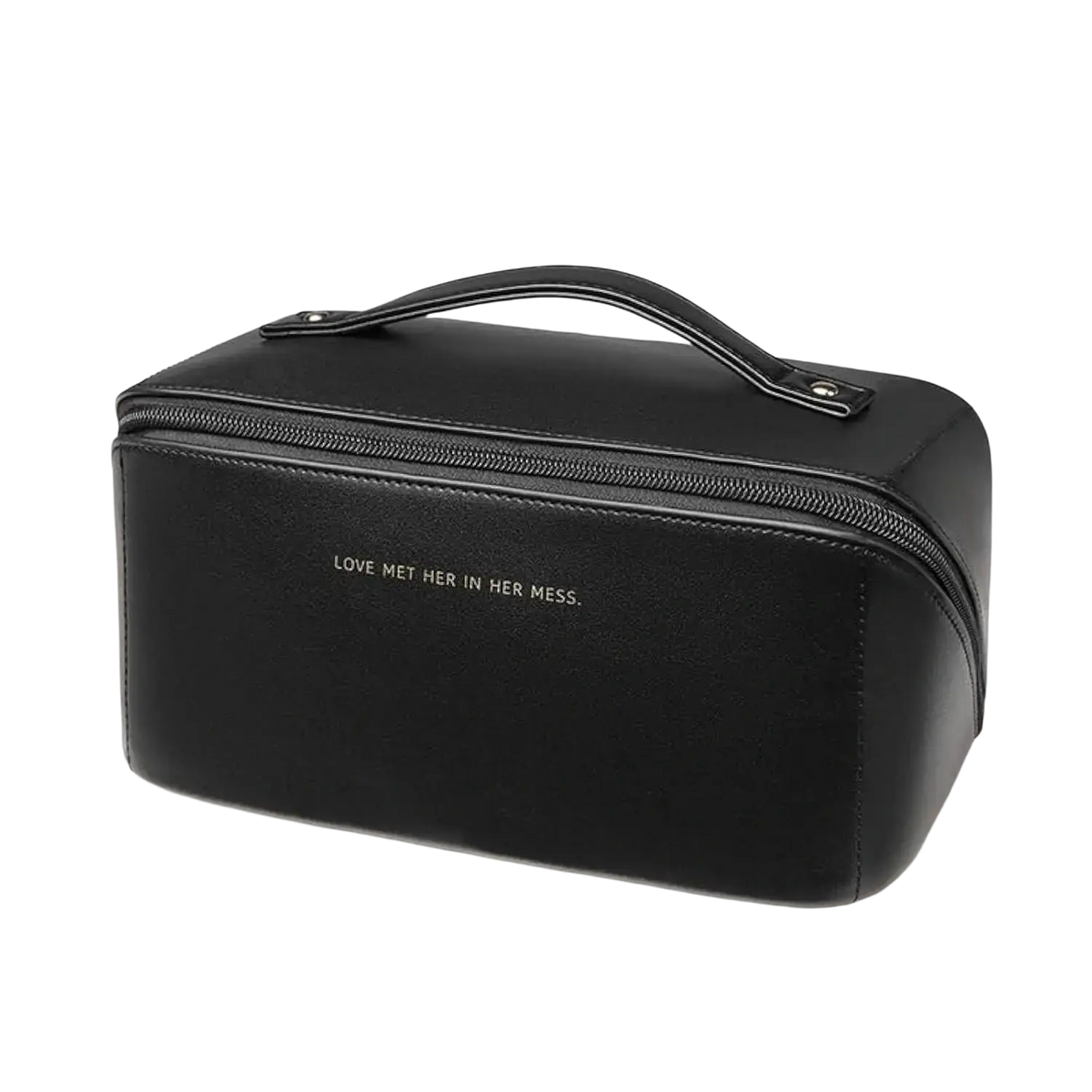 Black leather waterproof travel makeup bag with top handle silver zipper and love met her in her mess lettering