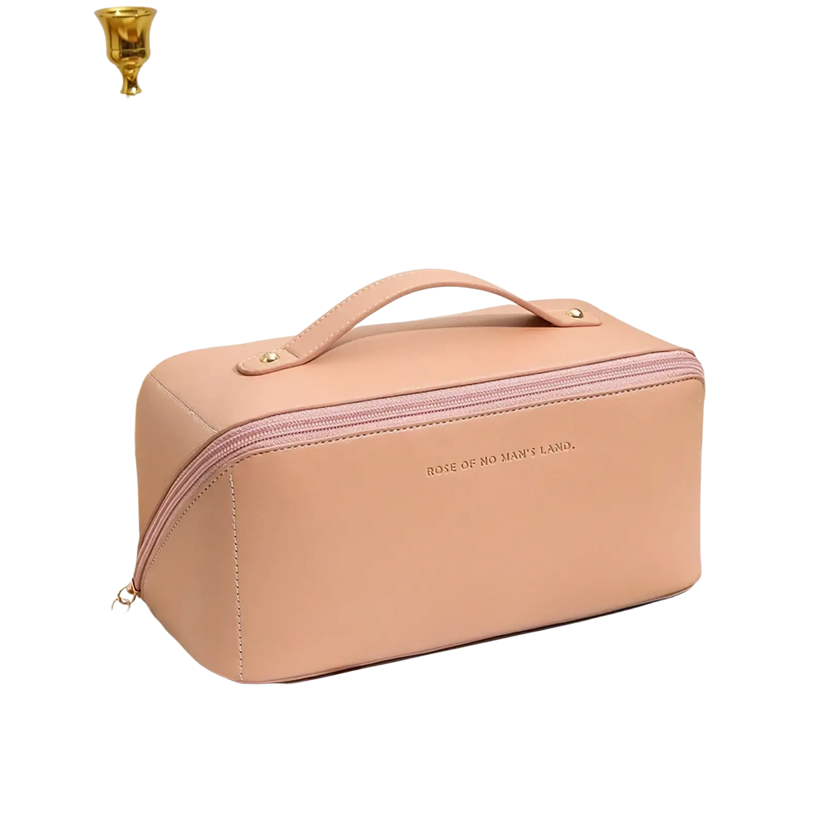 A blush pink waterproof leather travel makeup bag with gold hardware and embossed rose of no mans land text