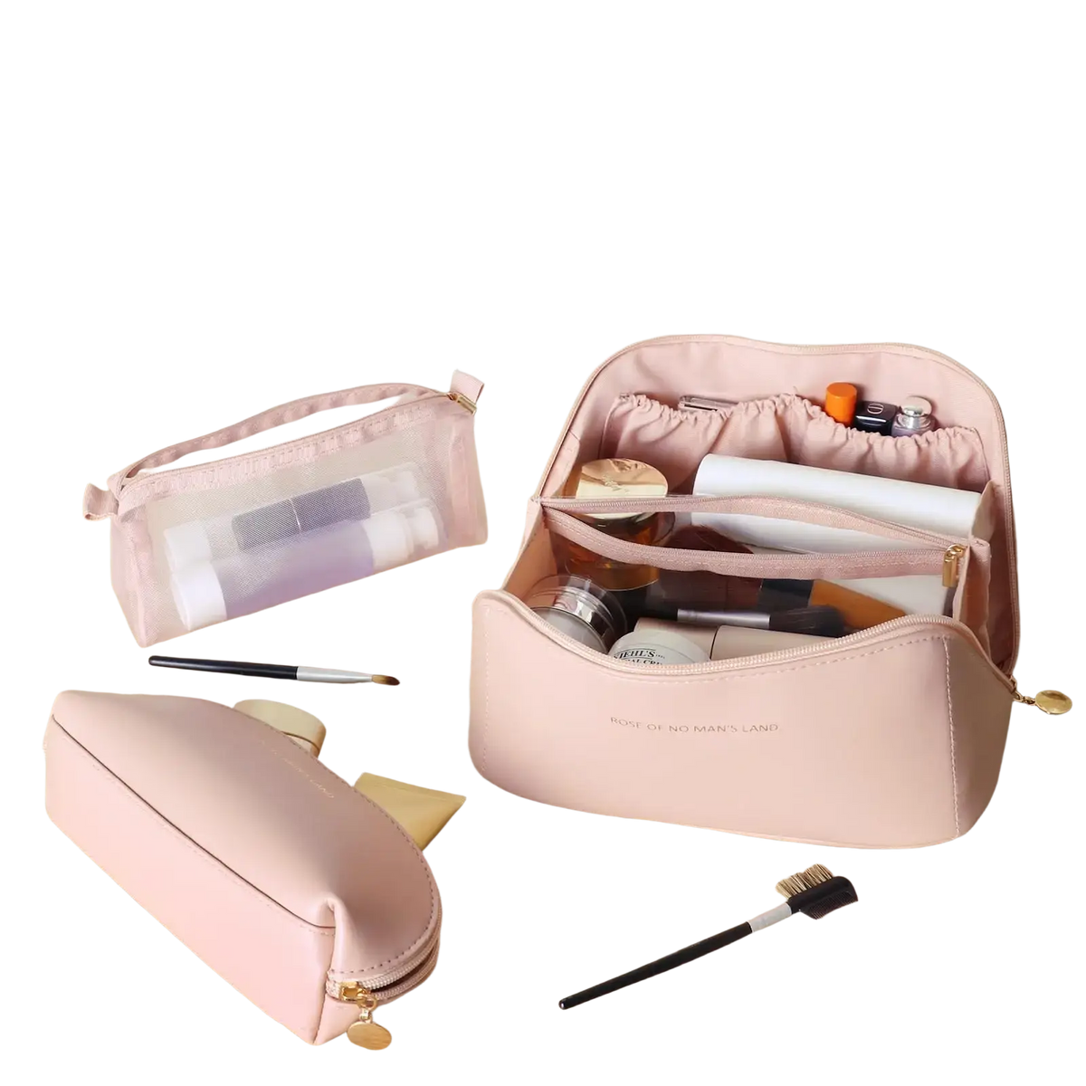 Pink faux leather waterproof travel makeup bag with multiple compartments and gold-tone zipper pulls