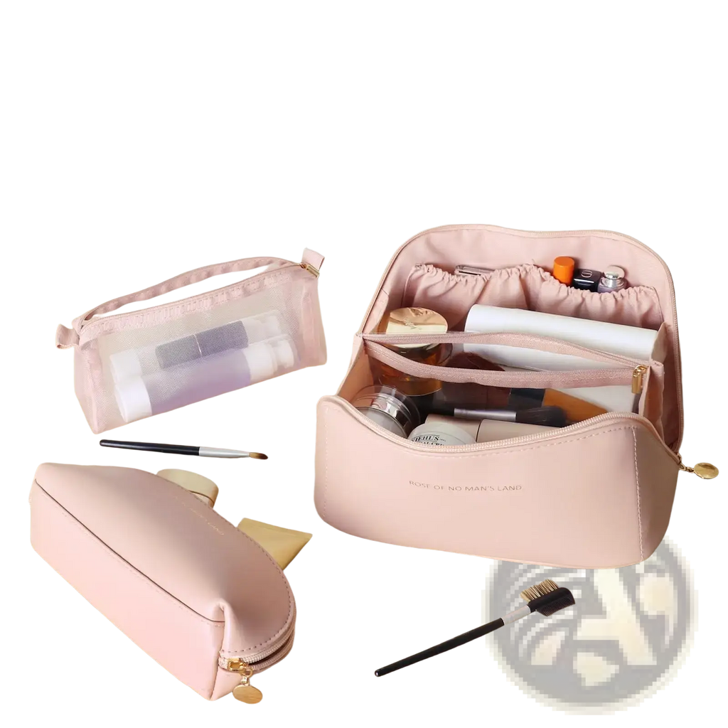 Pink faux leather waterproof travel makeup bag with multiple compartments and gold-tone zipper pulls