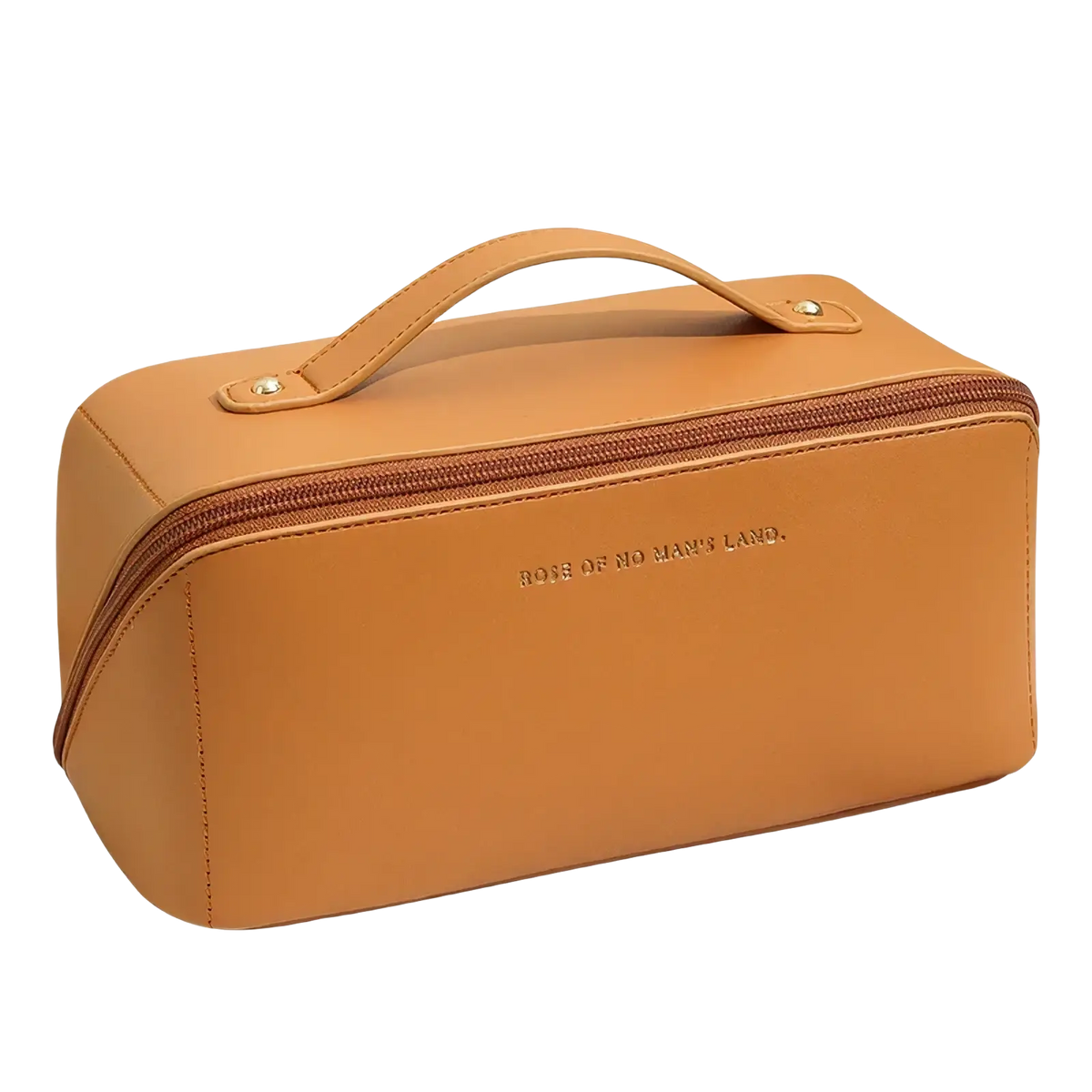 Tan leather waterproof travel makeup bag with top handle and embossed boys of no mans land text visible