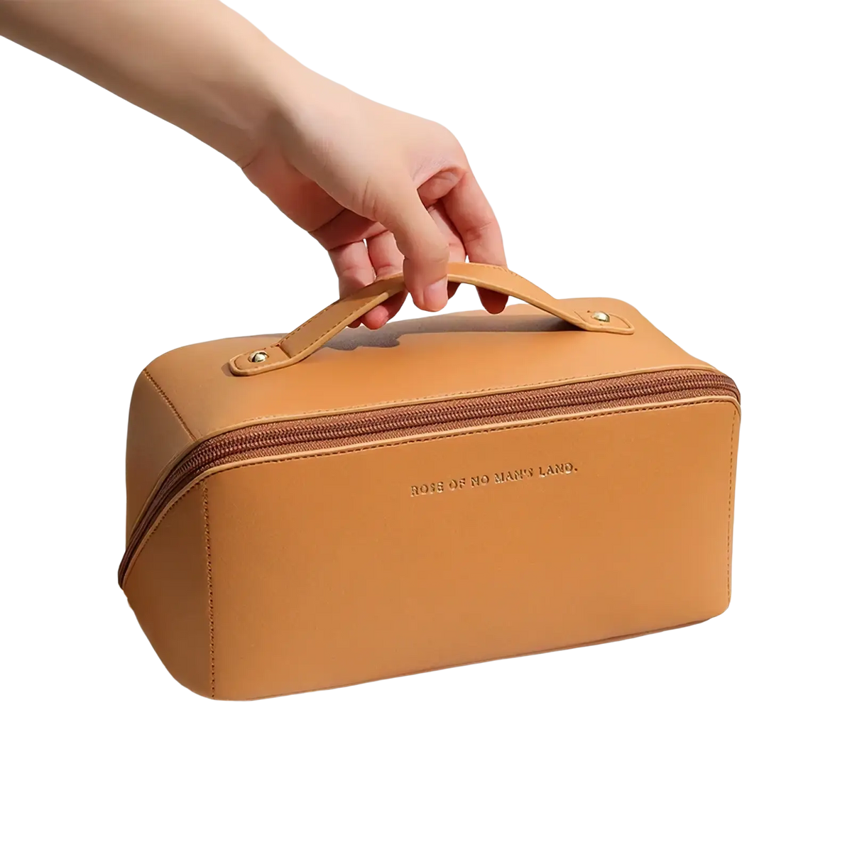 Tan leather waterproof travel makeup bag with top handle and zipper closure for organized cosmetic storage
