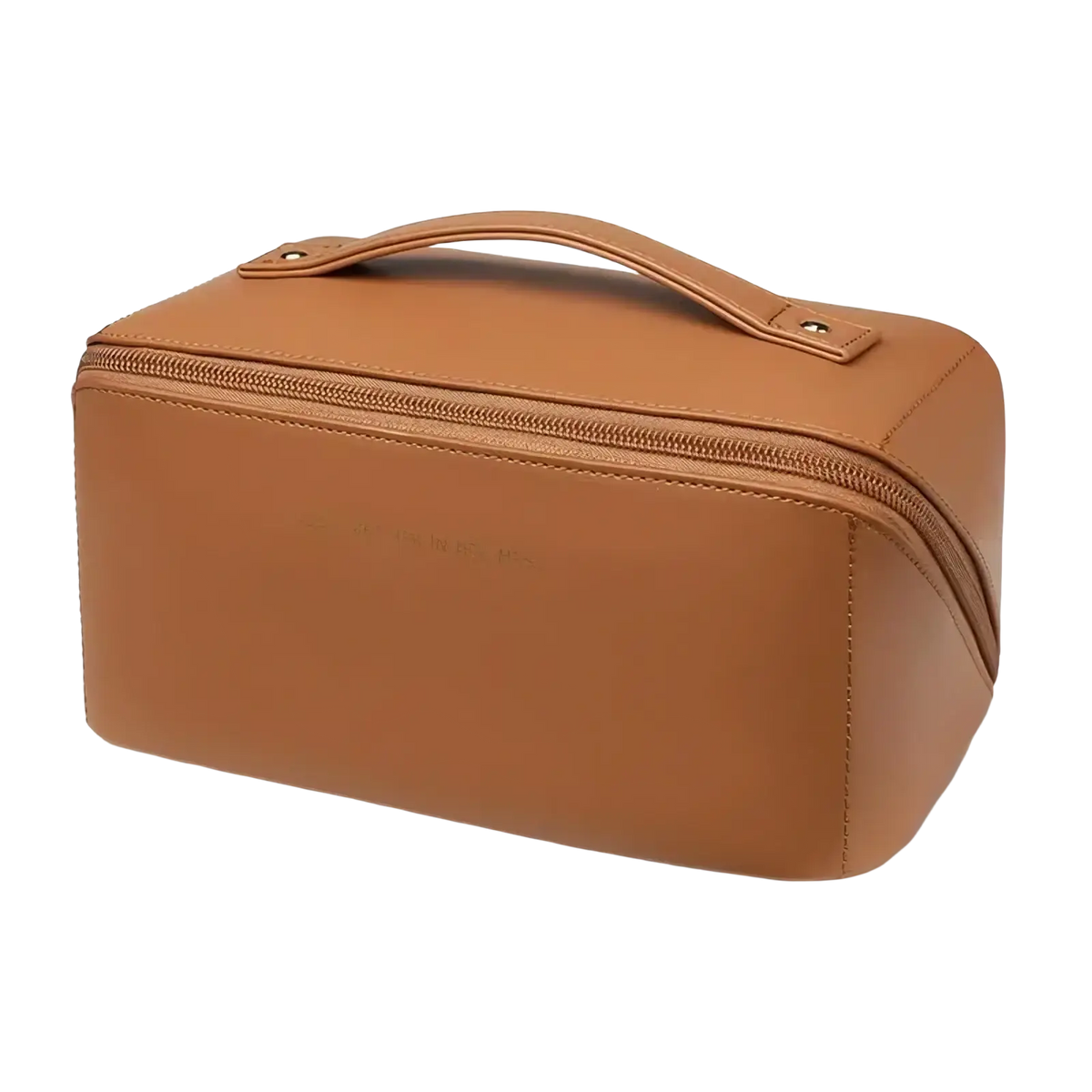 Tan leather waterproof travel makeup bag with top handle and zipper closure for secure cosmetic storage