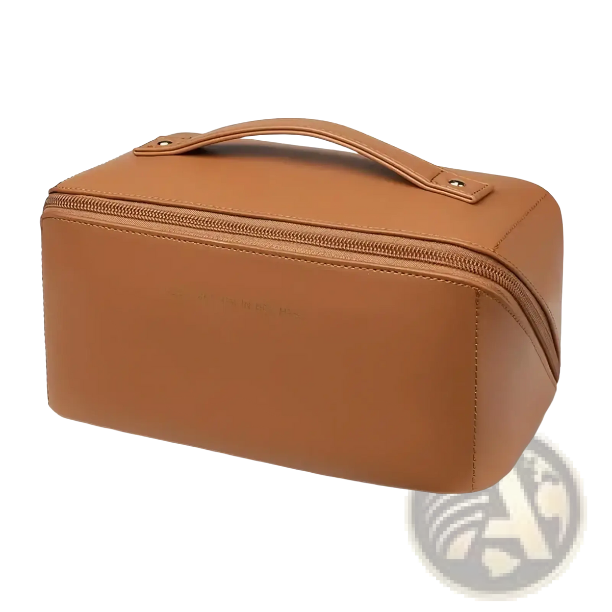 Tan leather waterproof travel makeup bag with top handle and zipper closure for secure cosmetic storage