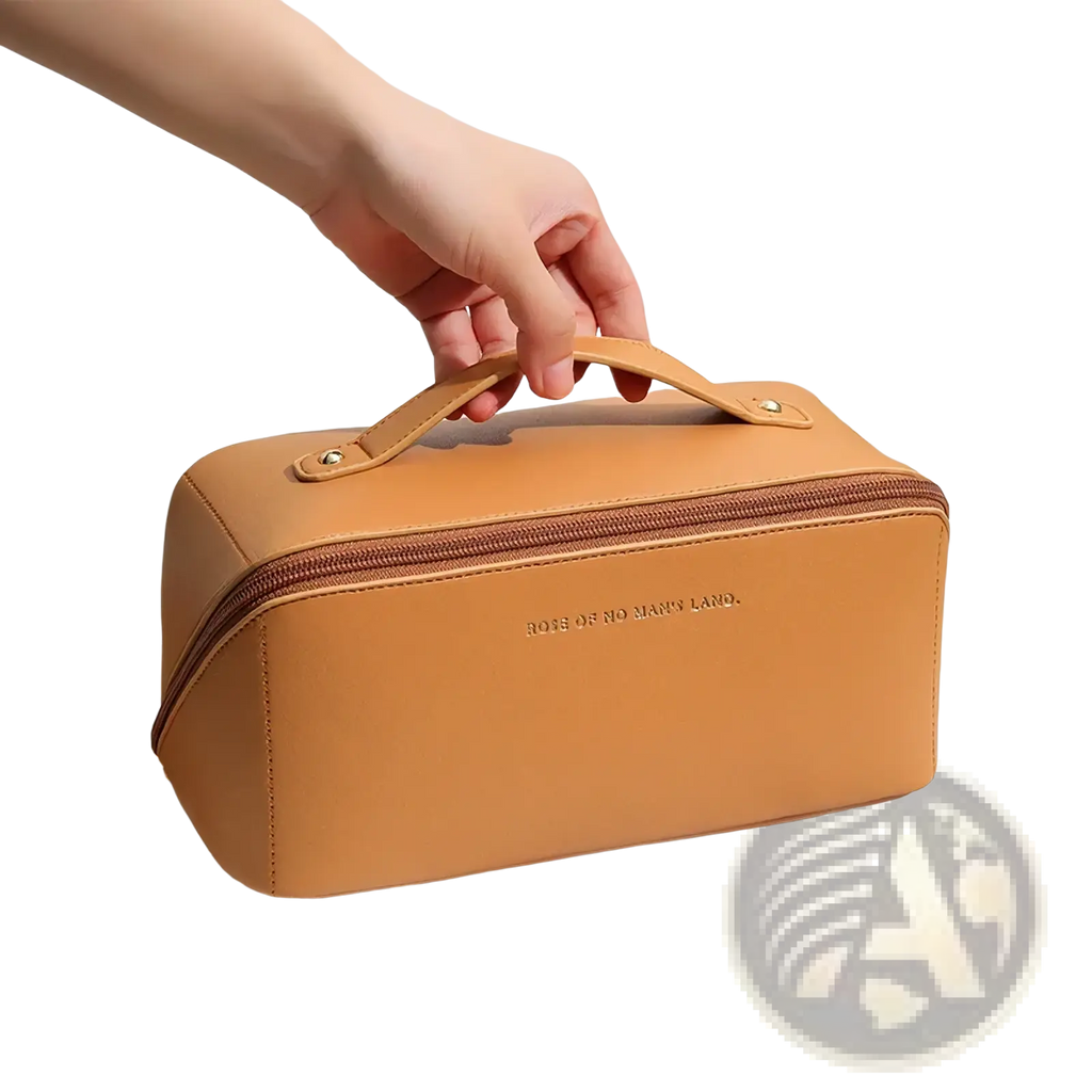 Tan leather waterproof travel makeup bag with top handle and zipper closure for organized cosmetic storage
